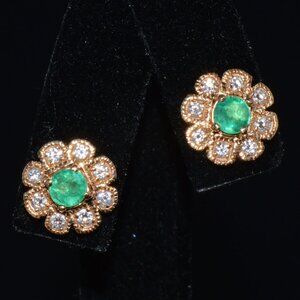 Certified Natural 1.8CTS Diamond Emerald 18K Solid Gold Floral Stud Earrings